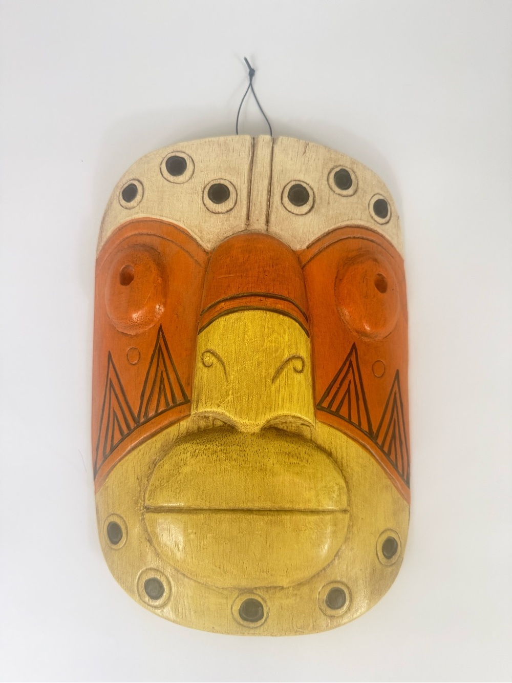 Handcarved Wooden Tribal Mask Wall Decor 3D Orange Tan Black